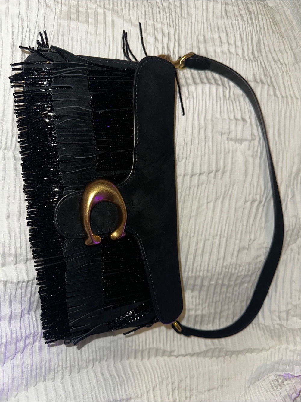 Coach Black Fringe Shoulder Bag with Iridescent Gold Hardware